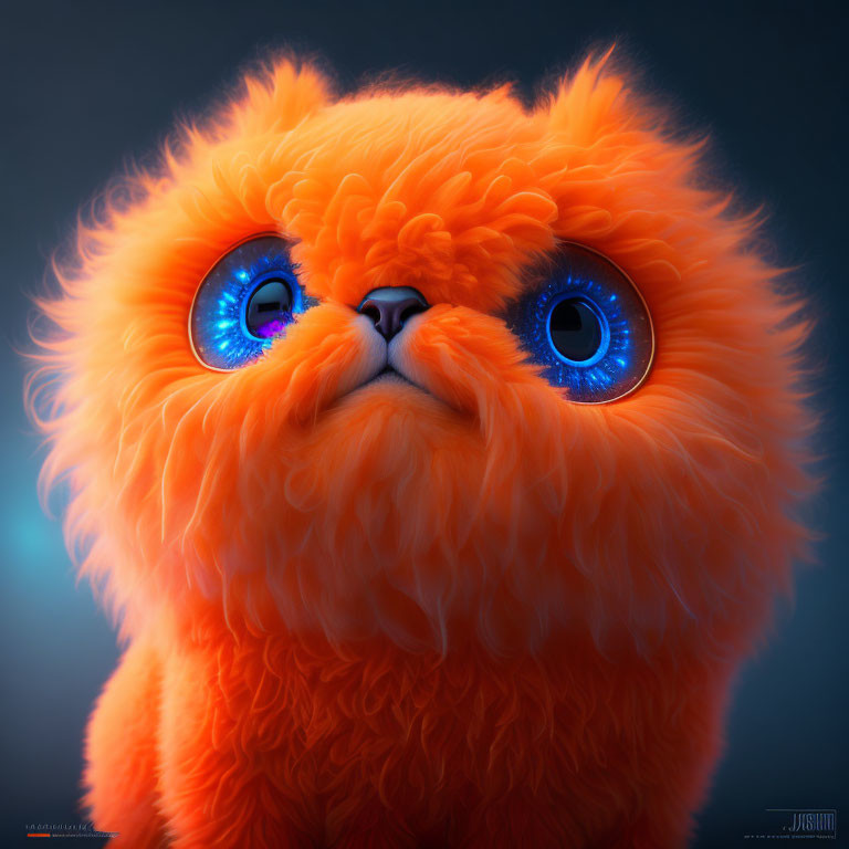 Fluffy Orange Creature with Blue Eyes on Dark Background