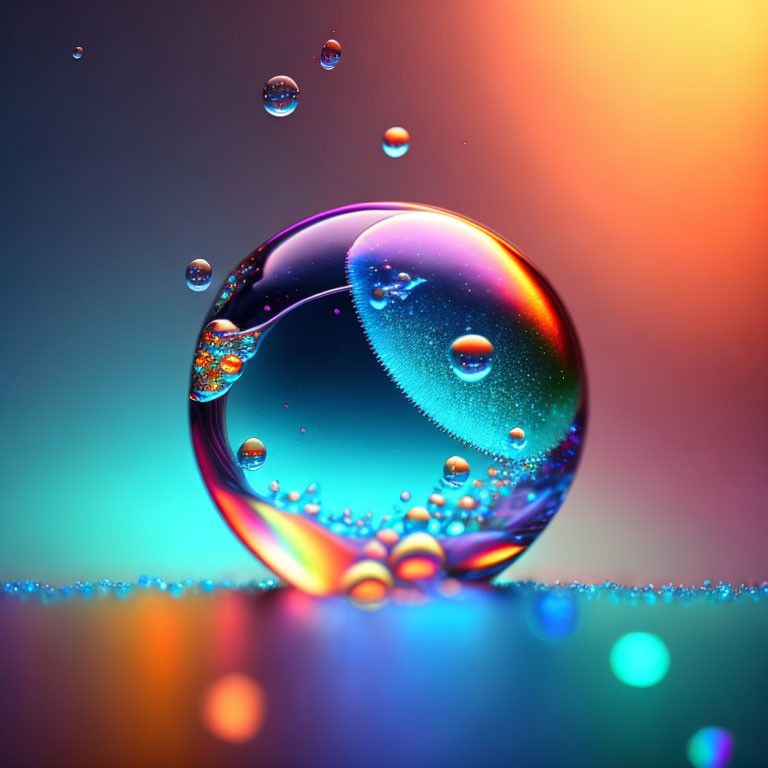 Colorful Water Droplets and Bubble Close-Up on Smooth Surface