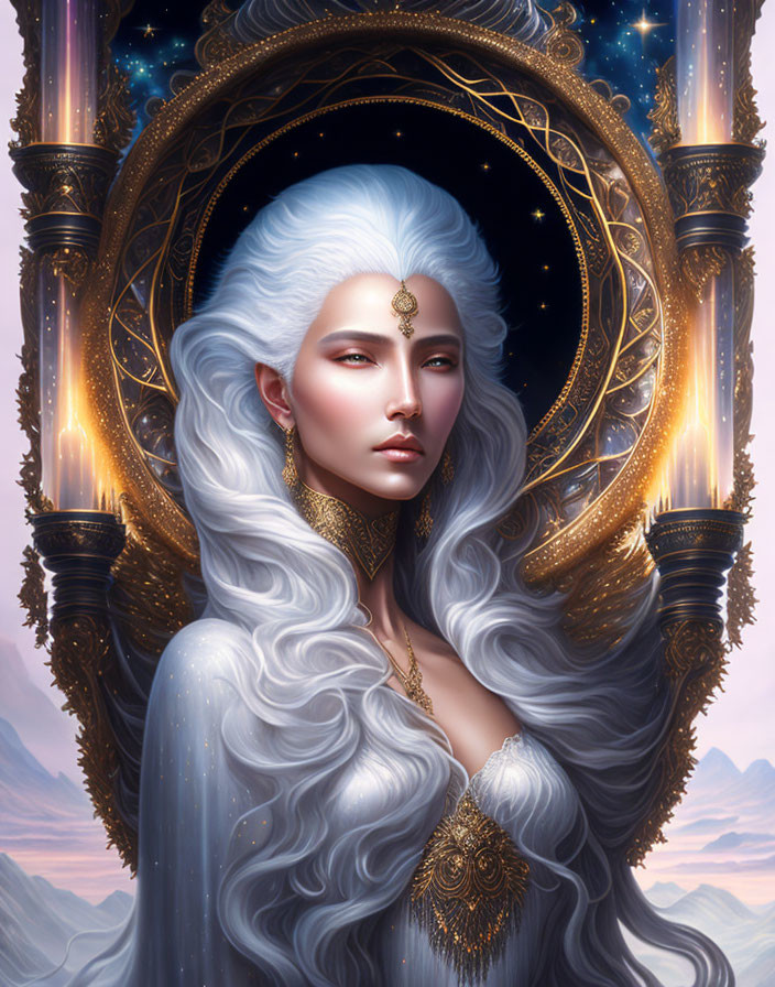 Ethereal figure with white hair and golden jewelry in circular frame