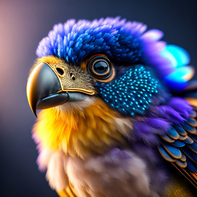 Colorful bird with blue feathers and intricate plumage portrait.