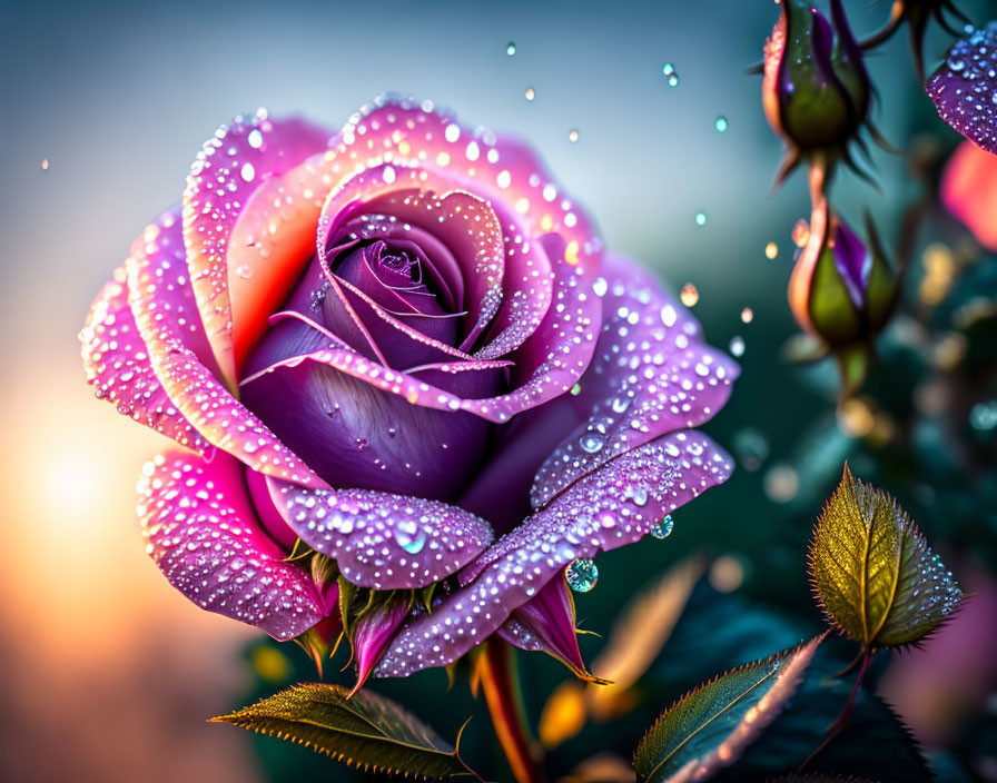 Macro shot of dew-covered purple rose with glistening droplets.