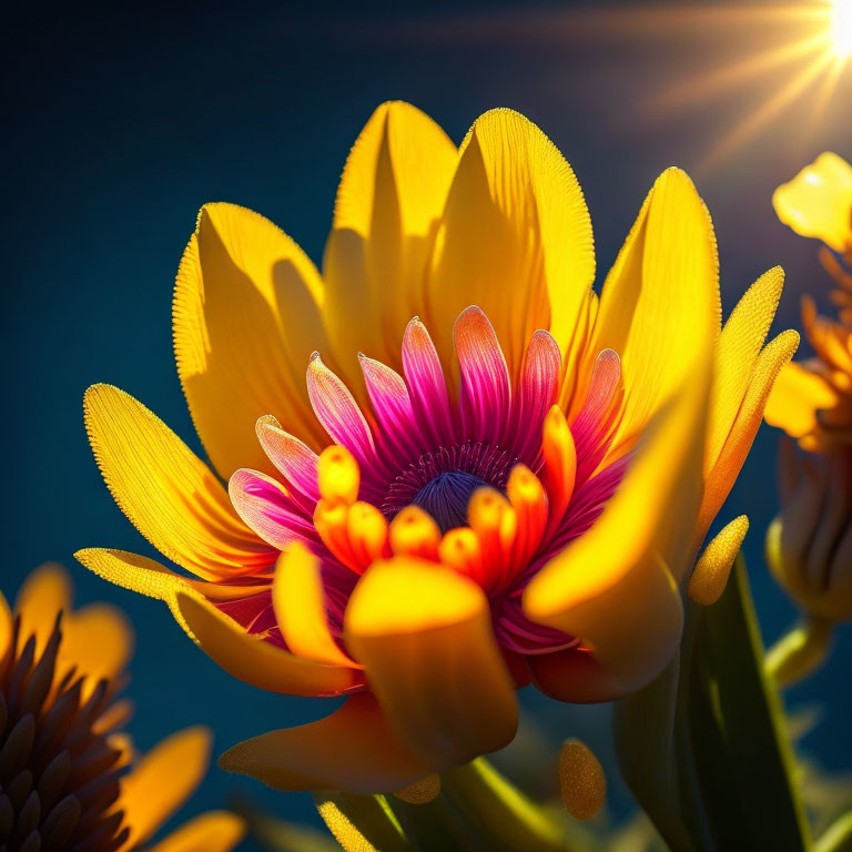 Vibrant yellow flower with pink-purple center in sunlight