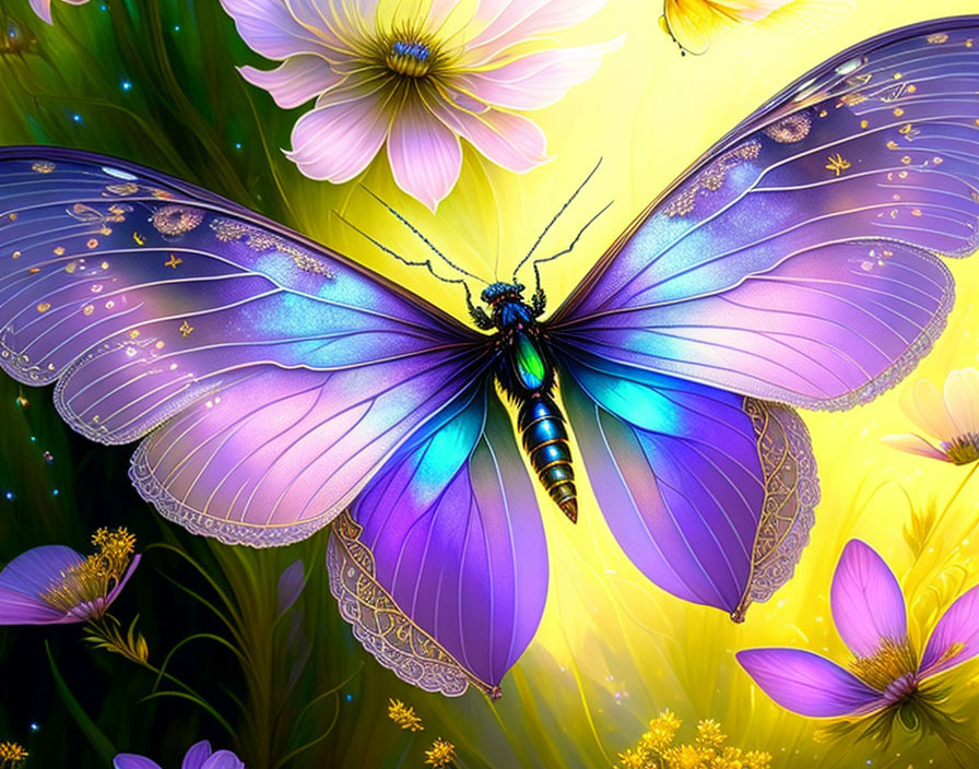 Colorful digital art: Blue butterfly with intricate wings among glowing flowers.