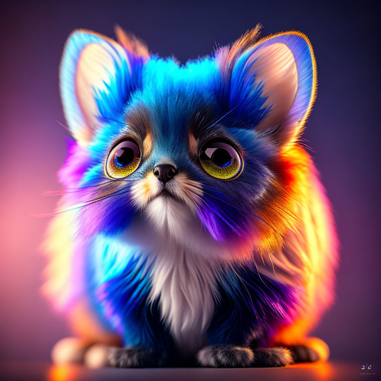 Vibrant blue and purple fantasy kitten on purple background