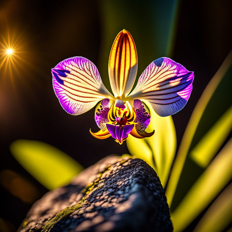 Colorful Orchid Flower with Sunburst and Rock on Green Leaves