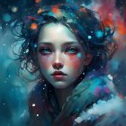 Portrait of woman with blue eyes & wavy hair in winter setting under cosmic glow