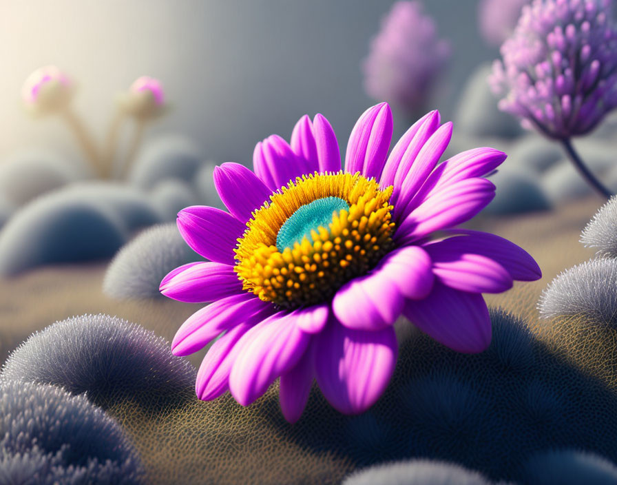 Vibrant Purple Flower with Yellow Center Against Stone Background