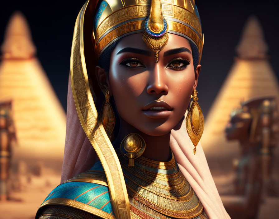 Digital artwork: Regal female styled as ancient Egyptian queen with golden headdress, jewelry, and makeup