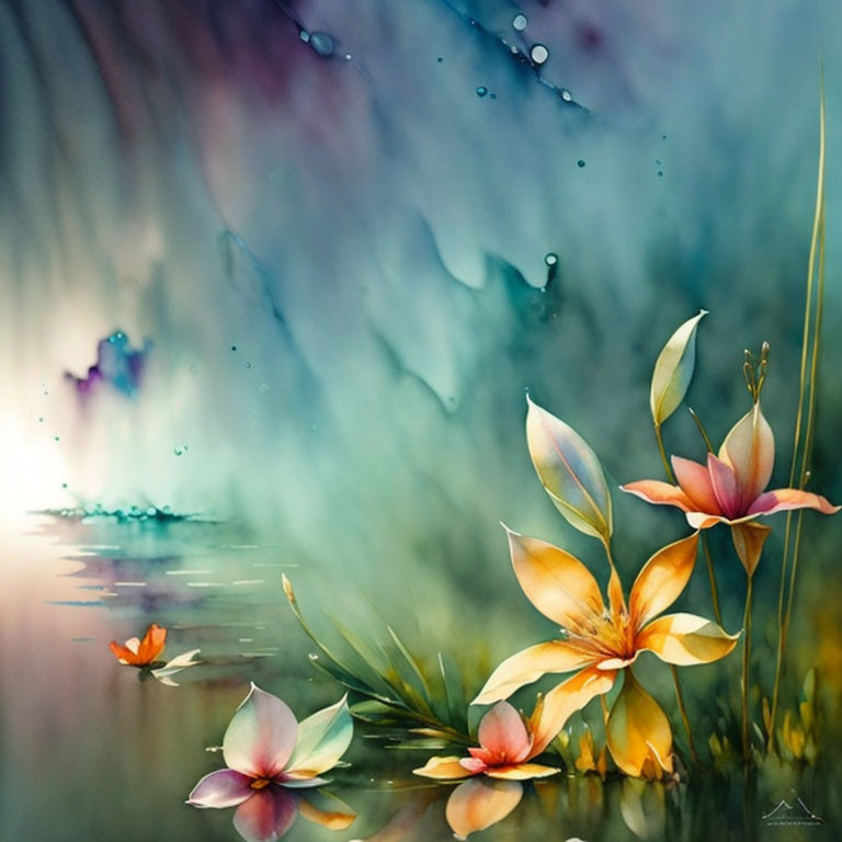 Colorful floral painting with water droplets and dreamlike vibe