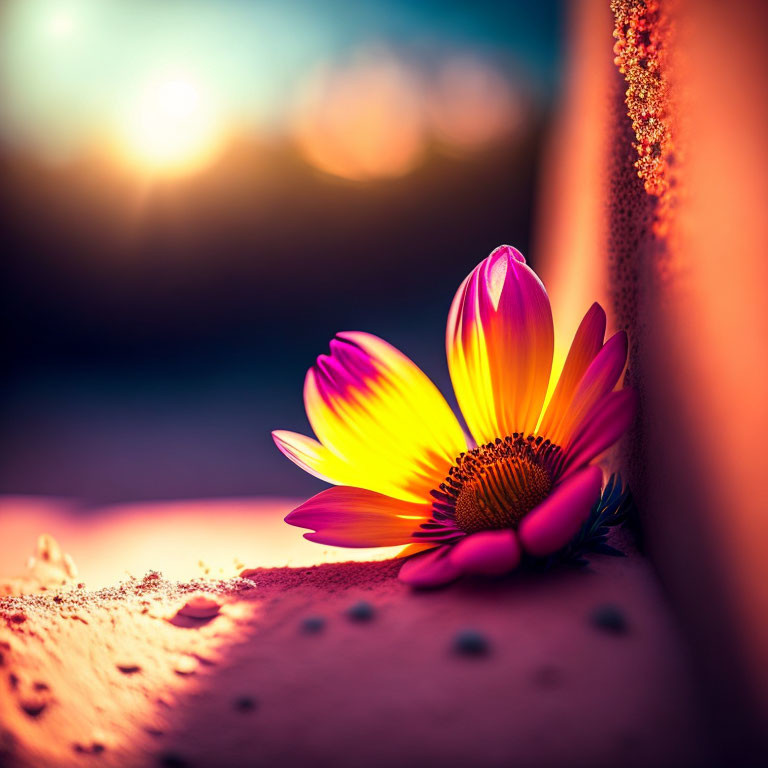 Colorful yellow and pink flower on sunlit surface