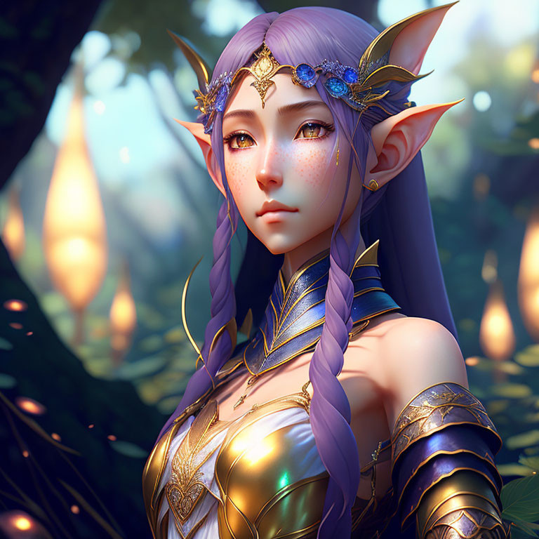 Fantasy elf with pointed ears in golden diadem and armor in sunlit forest