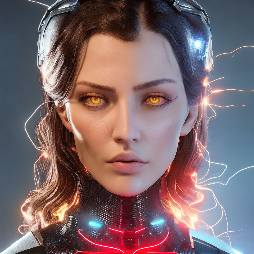 Female cyborg with yellow eyes and cybernetic headset in digital art