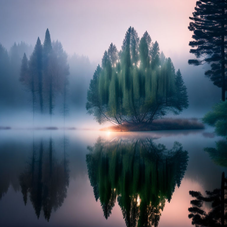 Tranquil island landscape with misty trees and glowing light