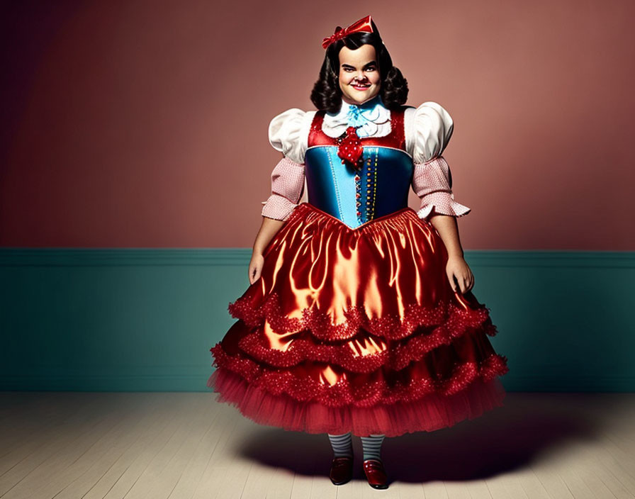 Elaborate vintage-style costume with red and orange skirt against pink wall