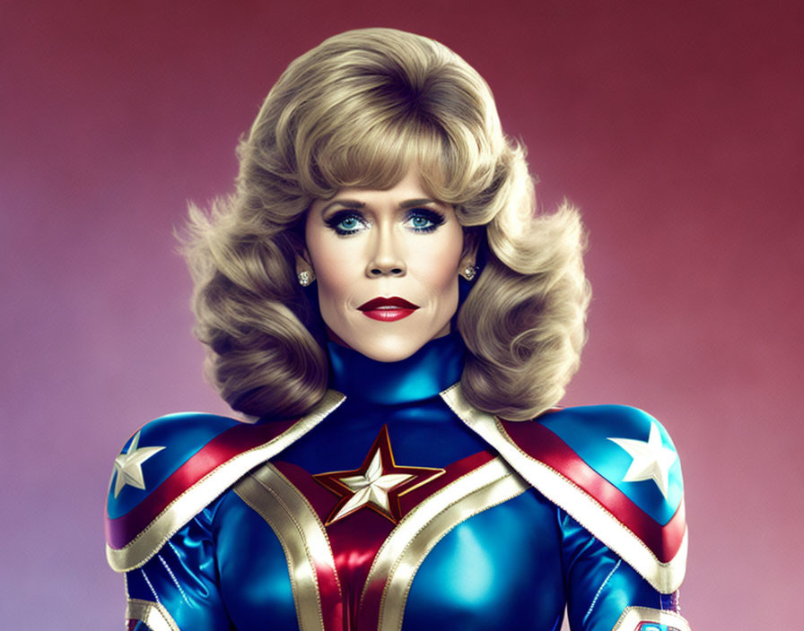 Blonde woman in patriotic superhero costume with star emblem on pink background