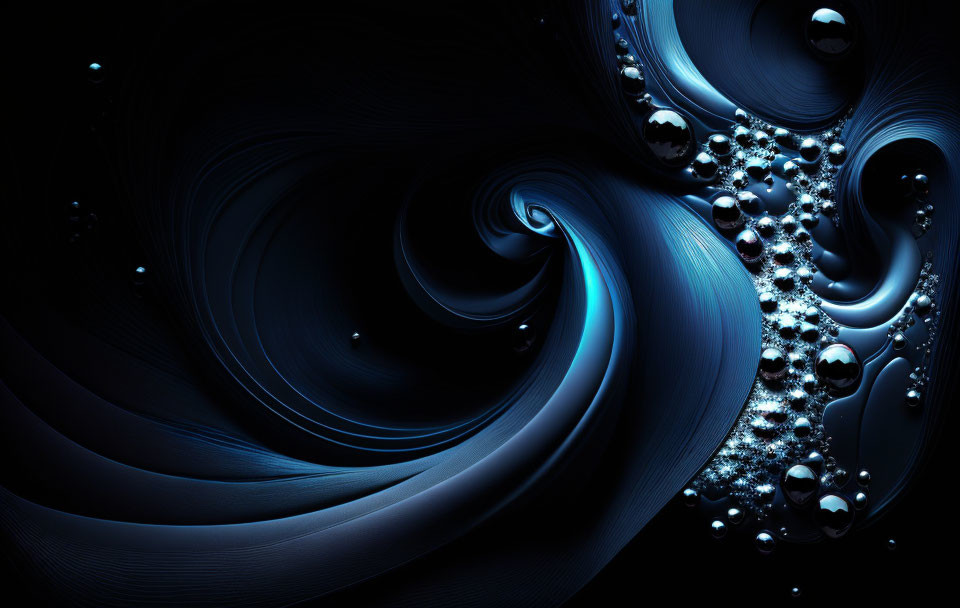 Swirling blue patterns on dark abstract background with shining spheres