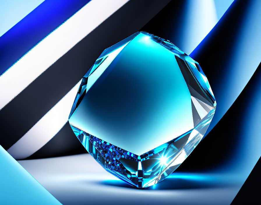 3D-rendered blue diamond with intricate facets on geometric background