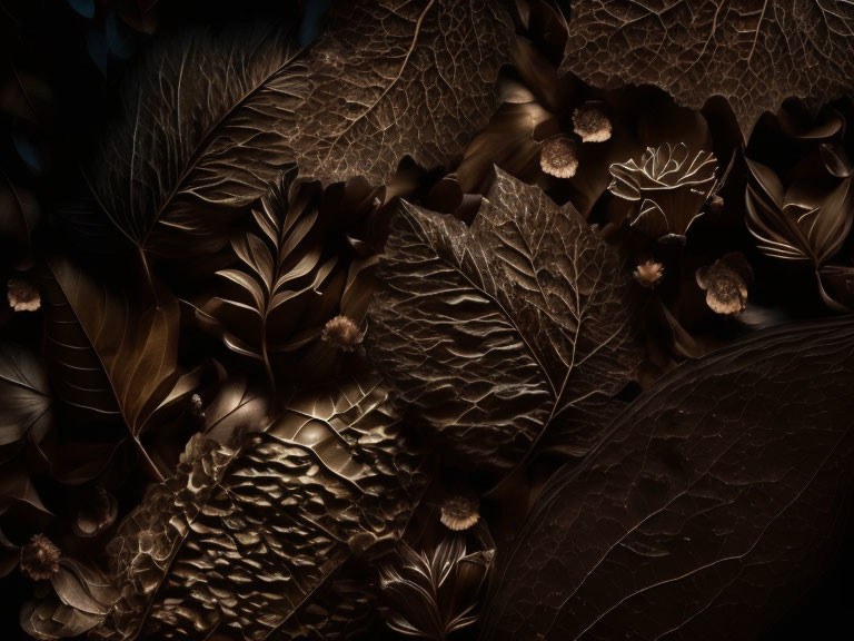 Bronze-toned leaf and flora arrangement for a textured nature-inspired backdrop