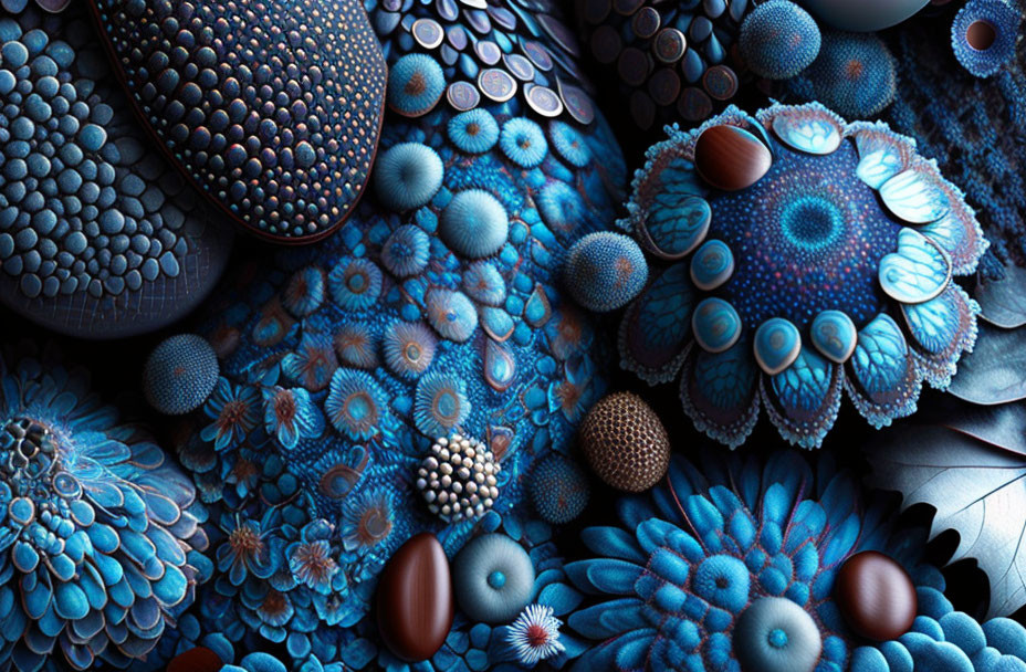 Blue and brown abstract textured spheres and circles in organic theme