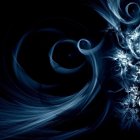 Swirling blue patterns on dark abstract background with shining spheres