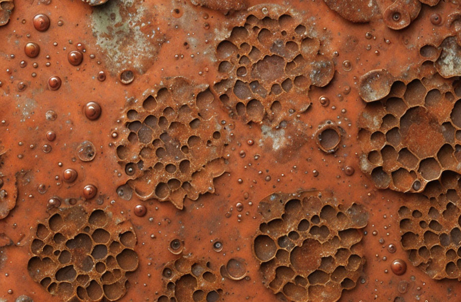 Rusty metal surface with pitted corrosion and water droplets.