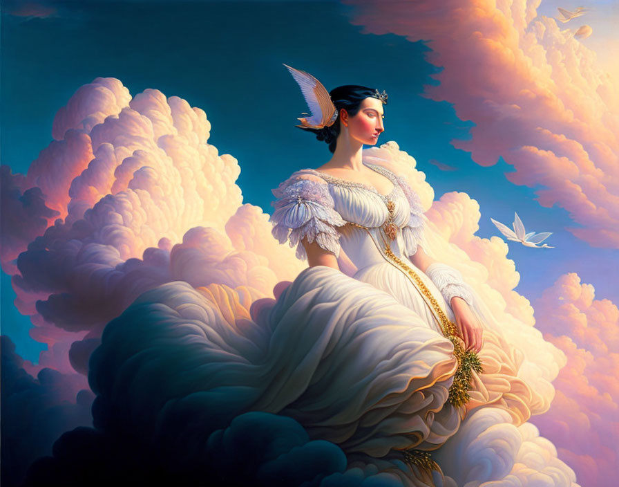 Ethereal woman with wings in flowing white amidst pink clouds