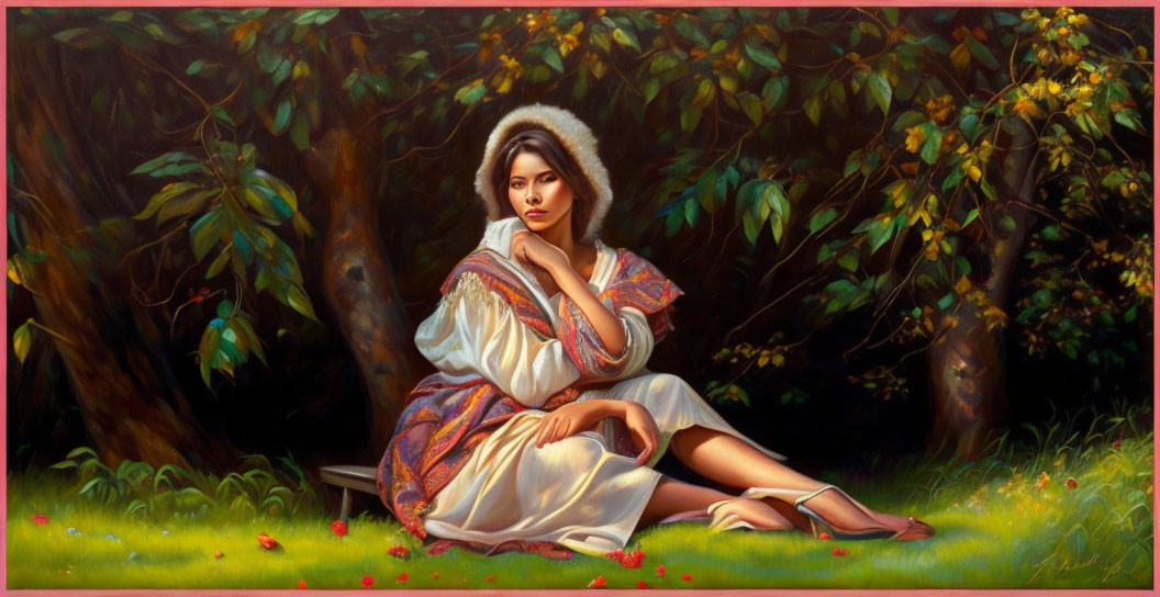 Traditional embroidered outfit woman sitting on lush meadow against forest backdrop