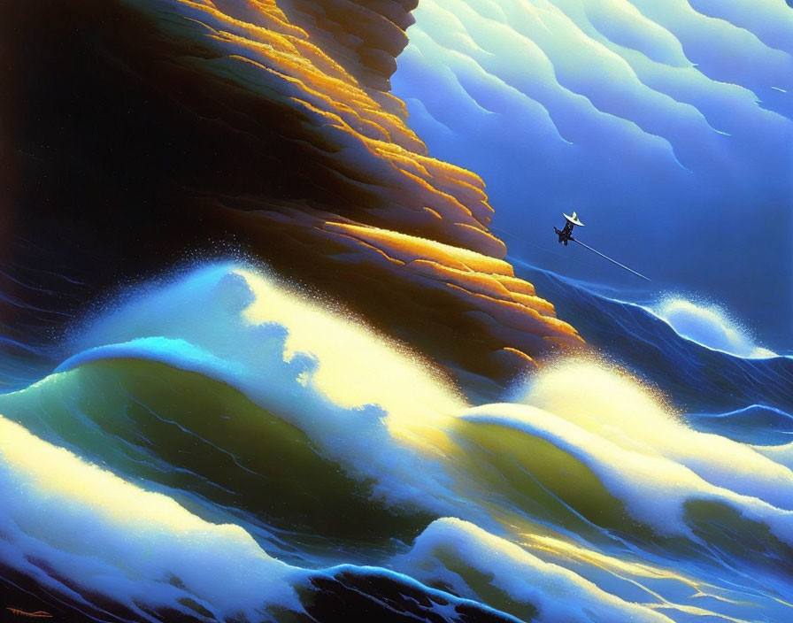 Surreal painting of lone airplane over towering waves and ominous sky