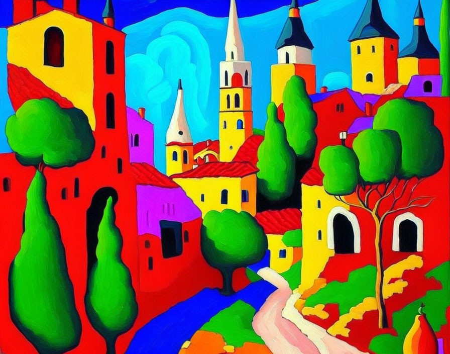 Vibrant village painting with whimsical buildings and trees