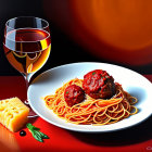 Italian dinner with spaghetti, meatballs, marinara sauce, cheese, wine, and red tablecloth