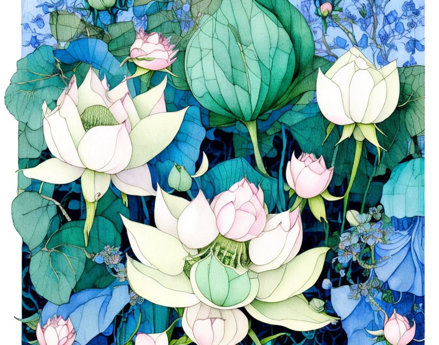 Lotus Flowers in Different Stages of Bloom with Blue and Green Stained-Glass Pattern