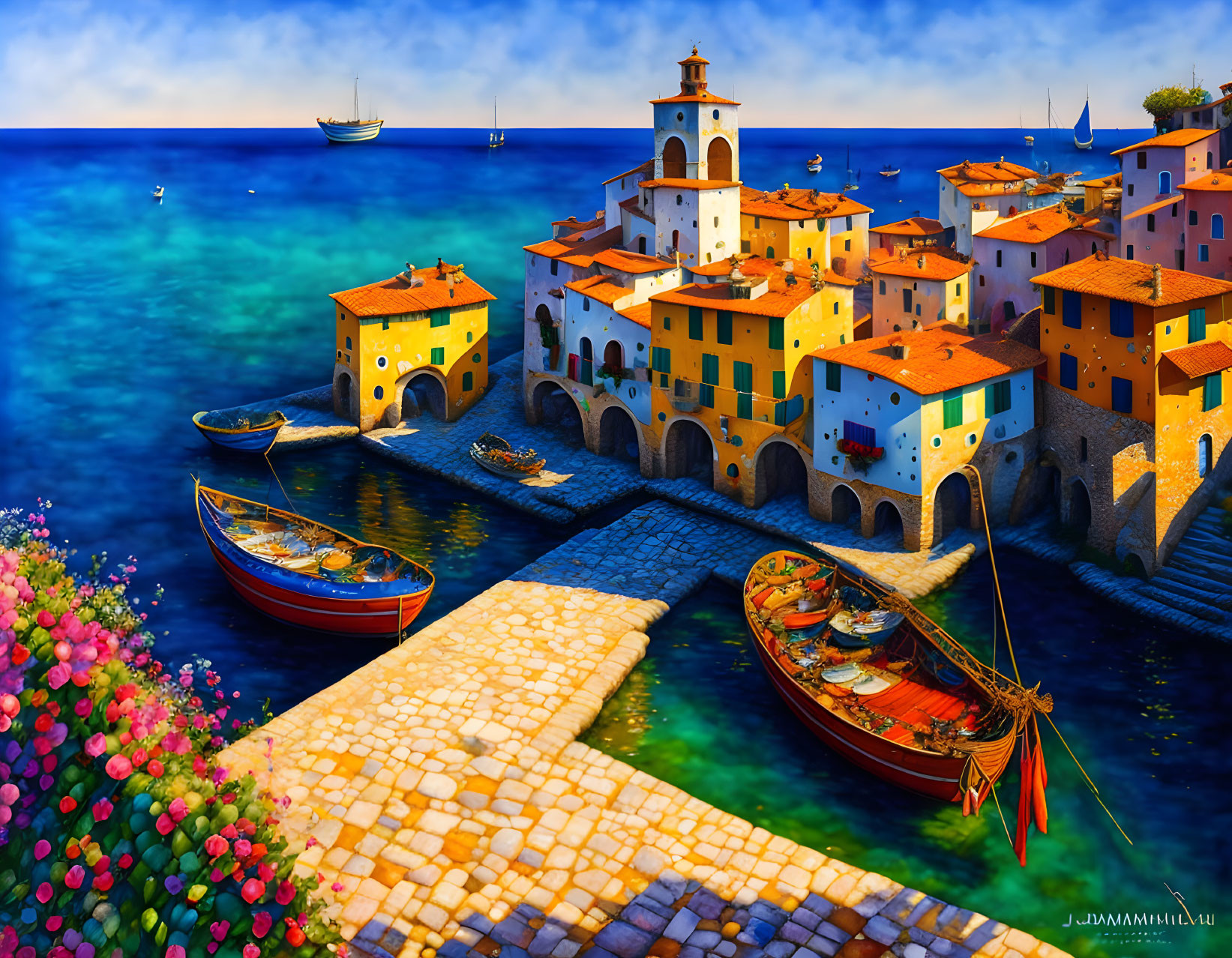 Colorful Coastal Mediterranean Village Painting with Boats and Flowers