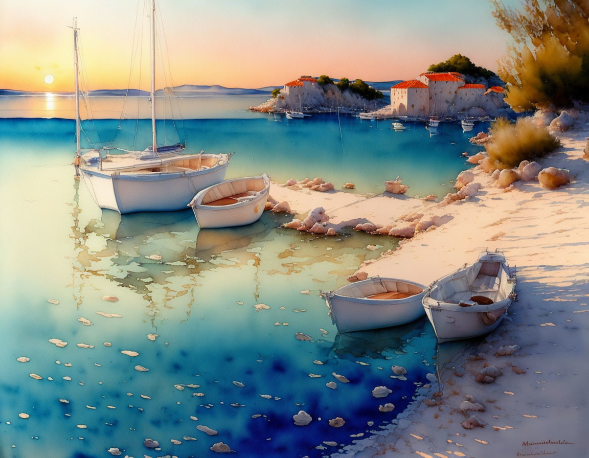 Sunset beach scene with boats on clear water near island buildings