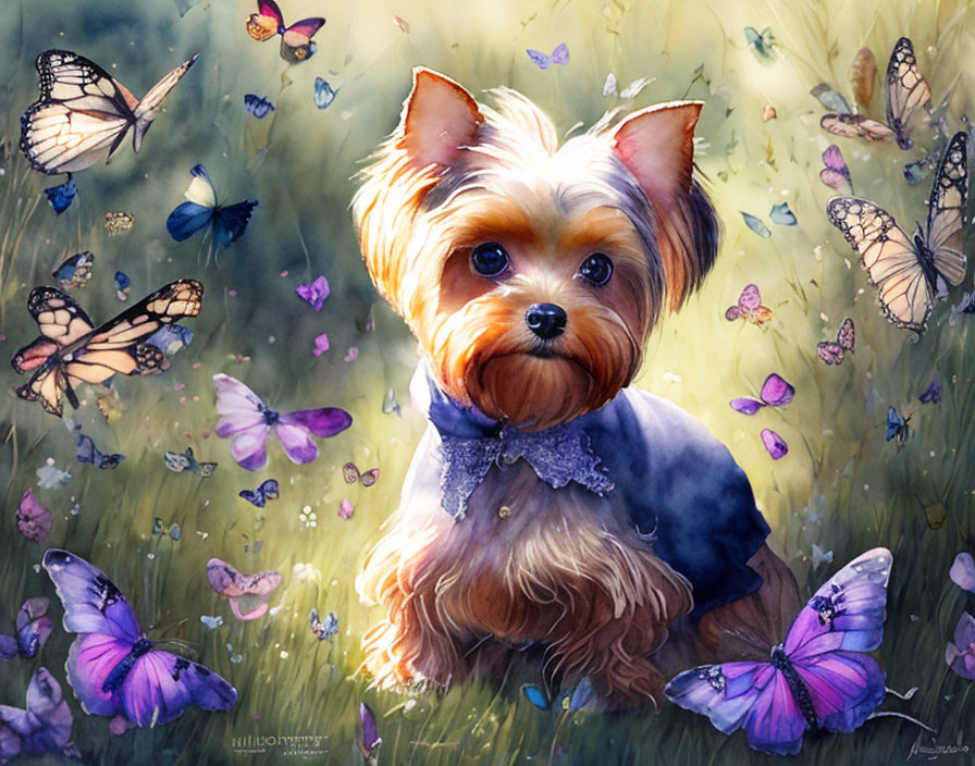 Yorkshire Terrier Dog with Blue Bow in Magical Butterfly Setting