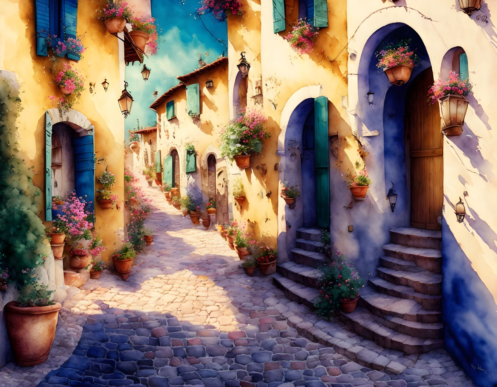 Charming cobblestone street with blue buildings and flower pots