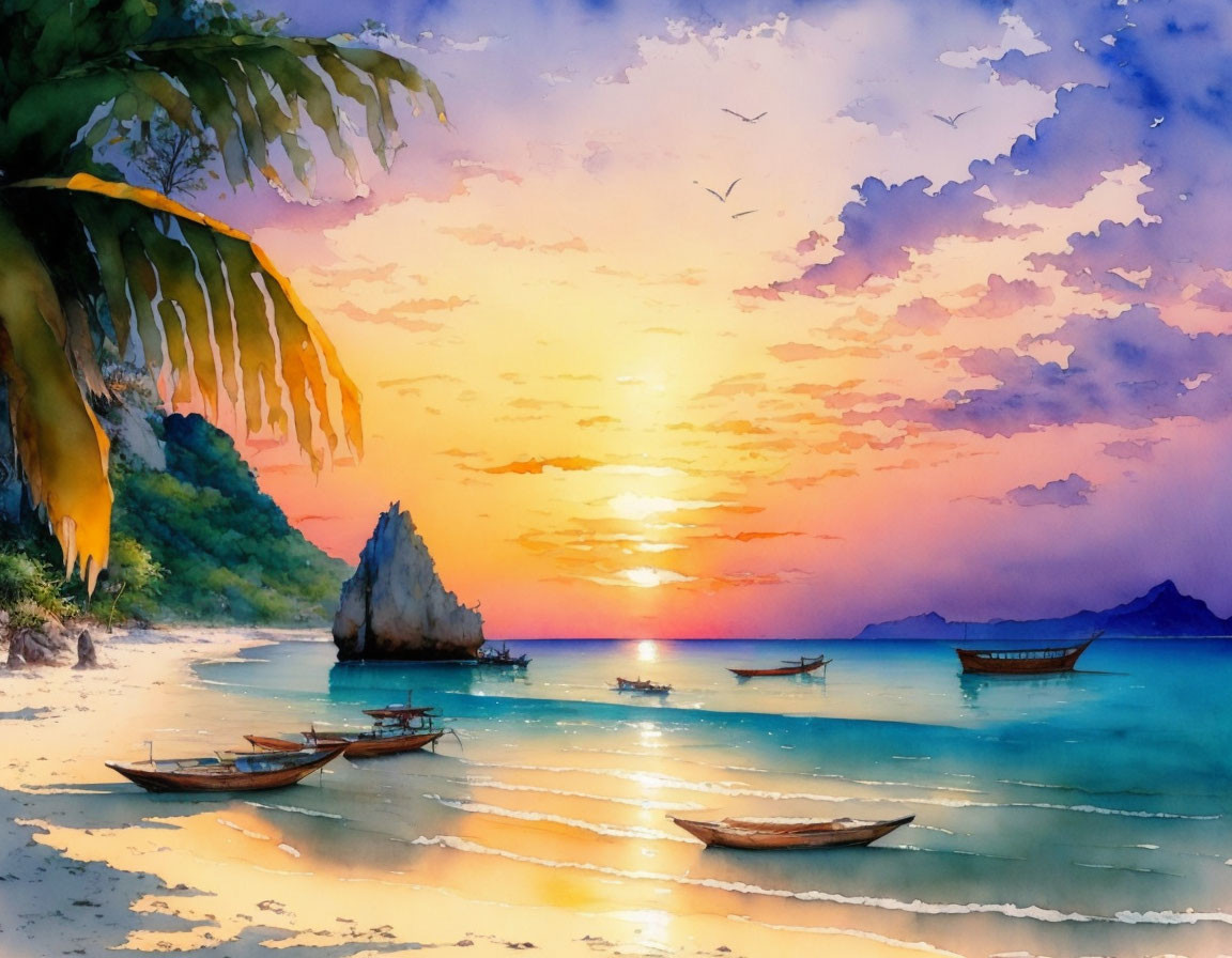 Serene beach sunset watercolor with boats, rocks, palm leaves, and birds