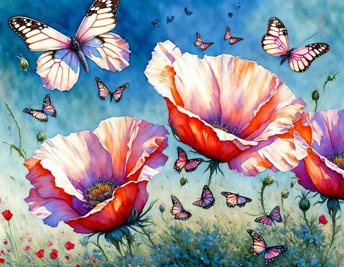 Colorful artwork featuring red poppies and butterflies on blue background