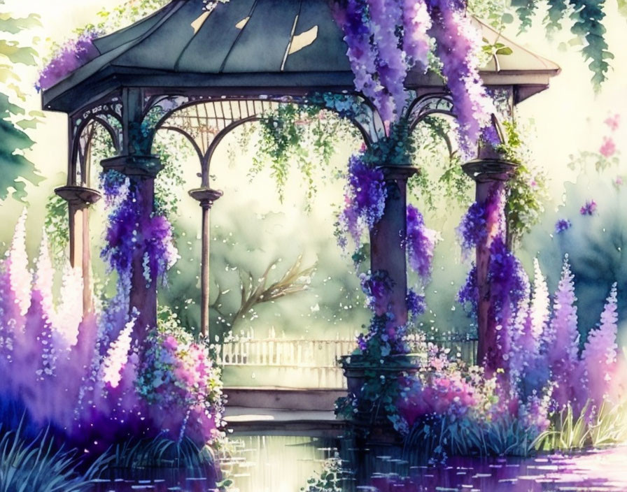 Tranquil Watercolor Painting of Gazebo with Purple Wisteria