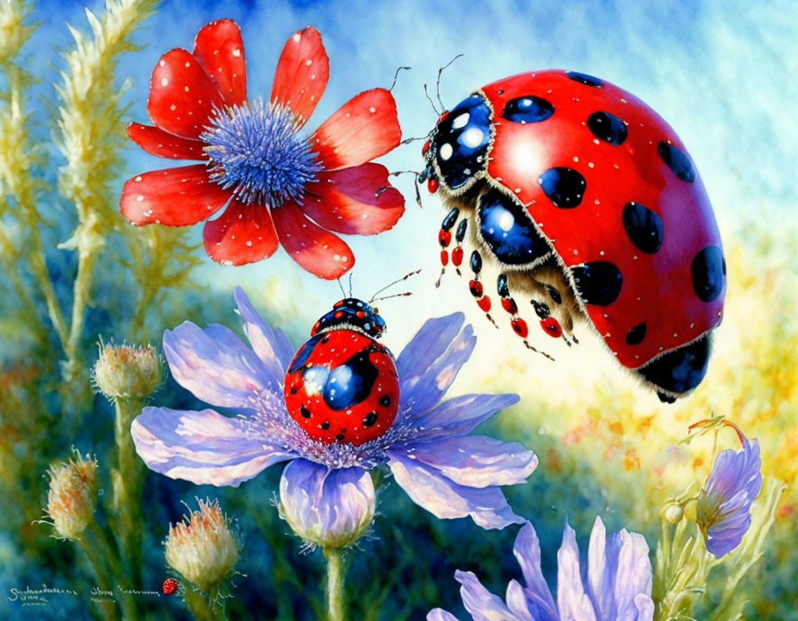 Colorful painting of ladybugs and flowers in a garden