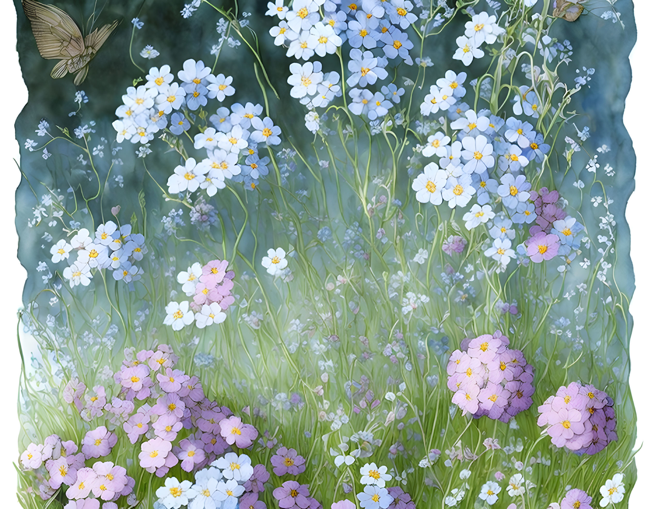 Colorful Meadow Scene with Flowers and Butterfly in Soft Focus