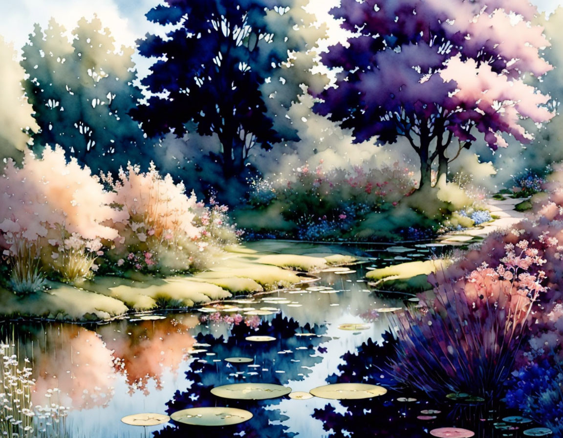 Colorful Watercolor Painting of Whimsical Garden