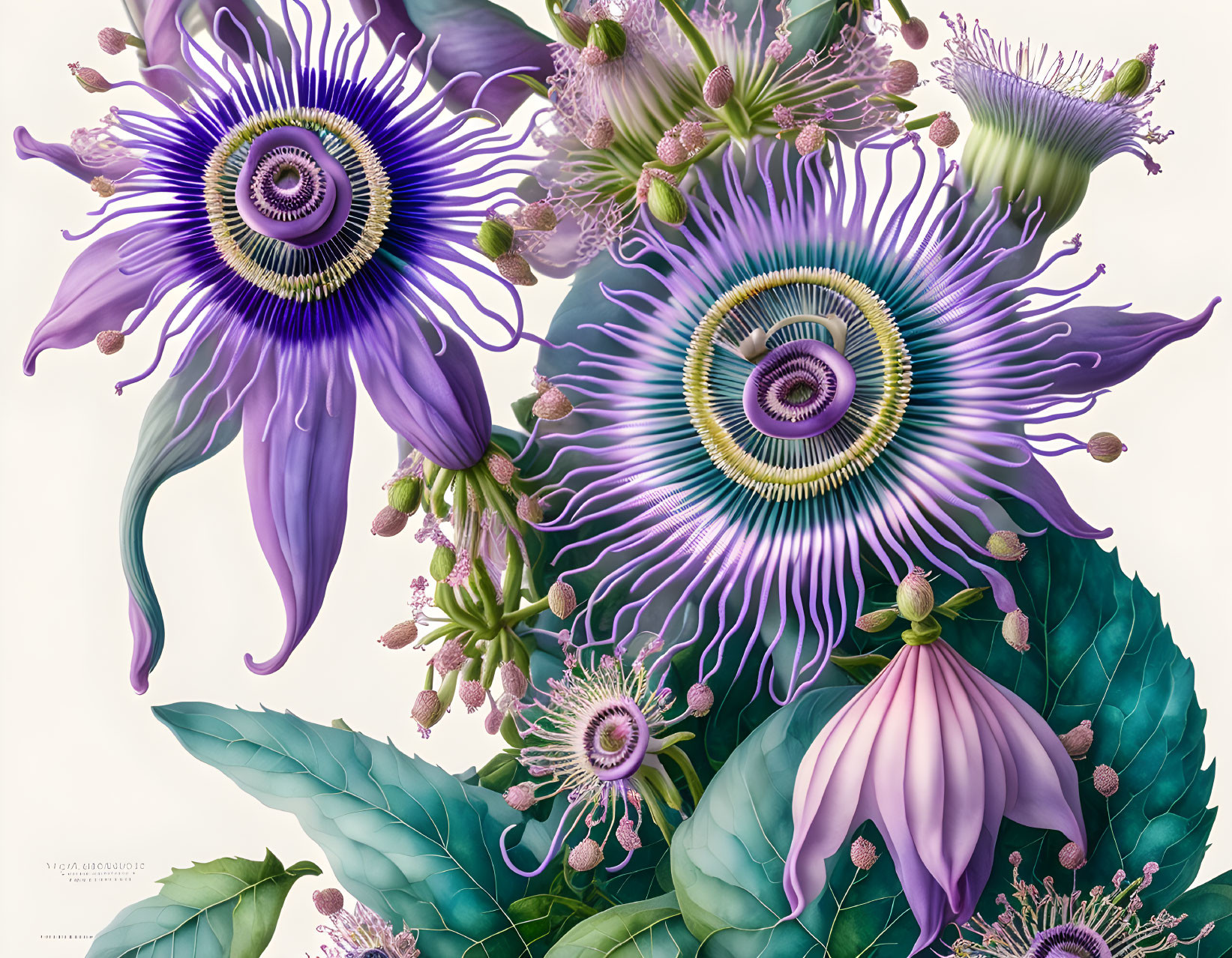 Detailed illustration of vibrant passion flowers in various stages of bloom surrounded by lush green leaves