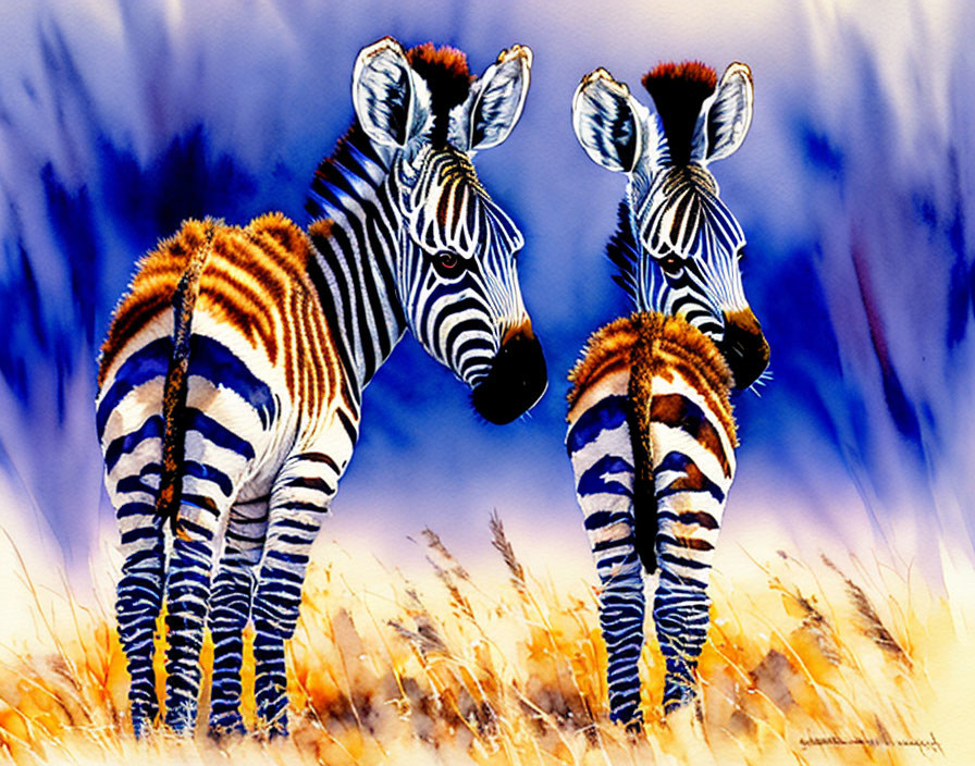 Two zebras in tall grass with contrasting stripes on vivid background