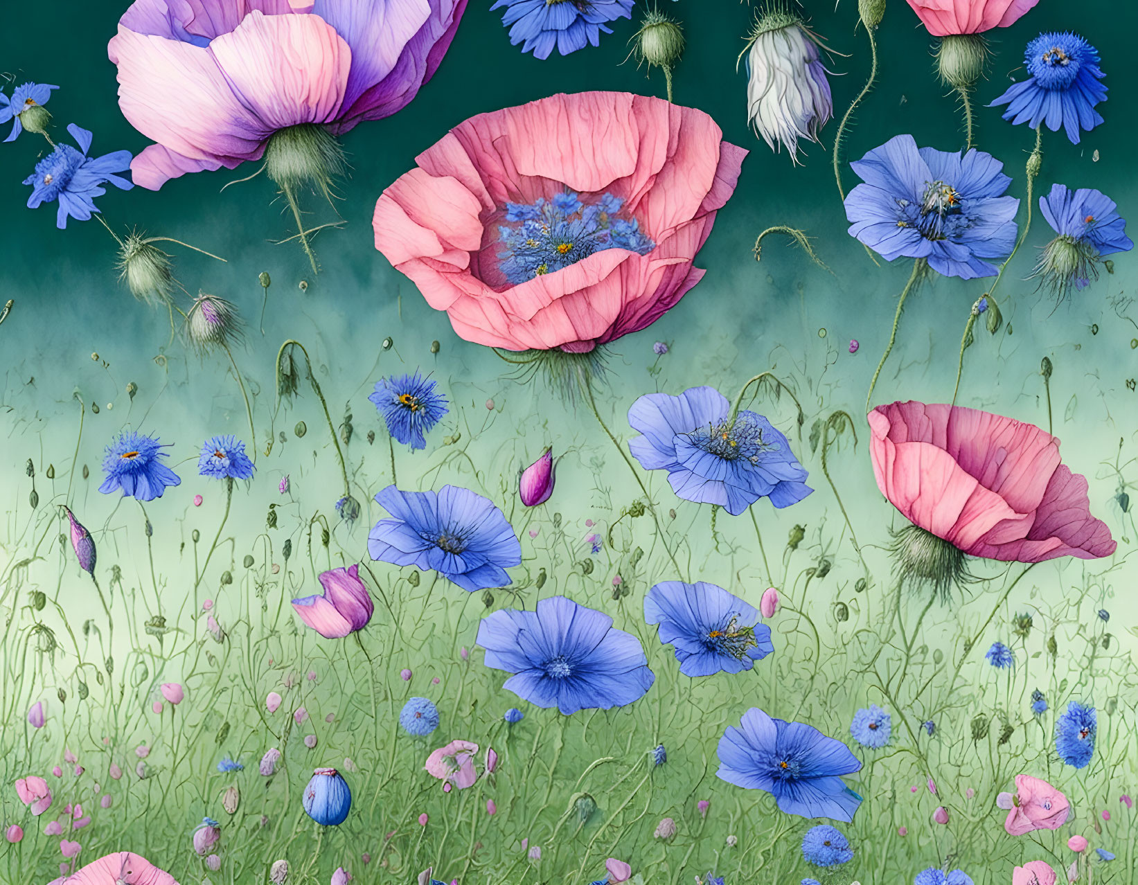 Colorful Poppy Field Illustration in Pink and Blue