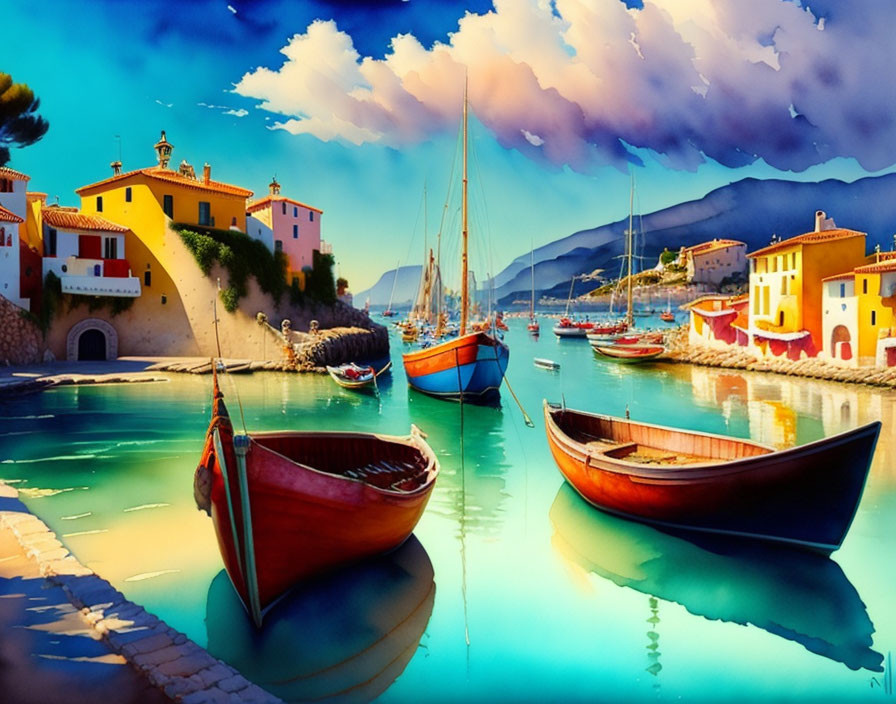 Serene harbor watercolor painting with moored boats and colorful buildings