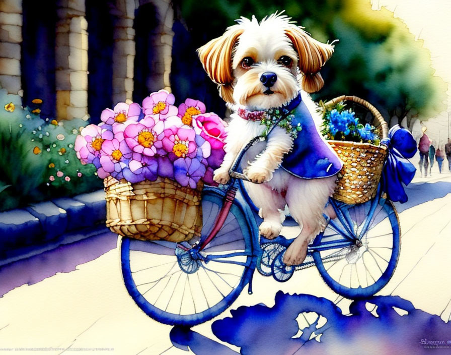 Fluffy dog in purple outfit on bicycle with colorful flowers in baskets