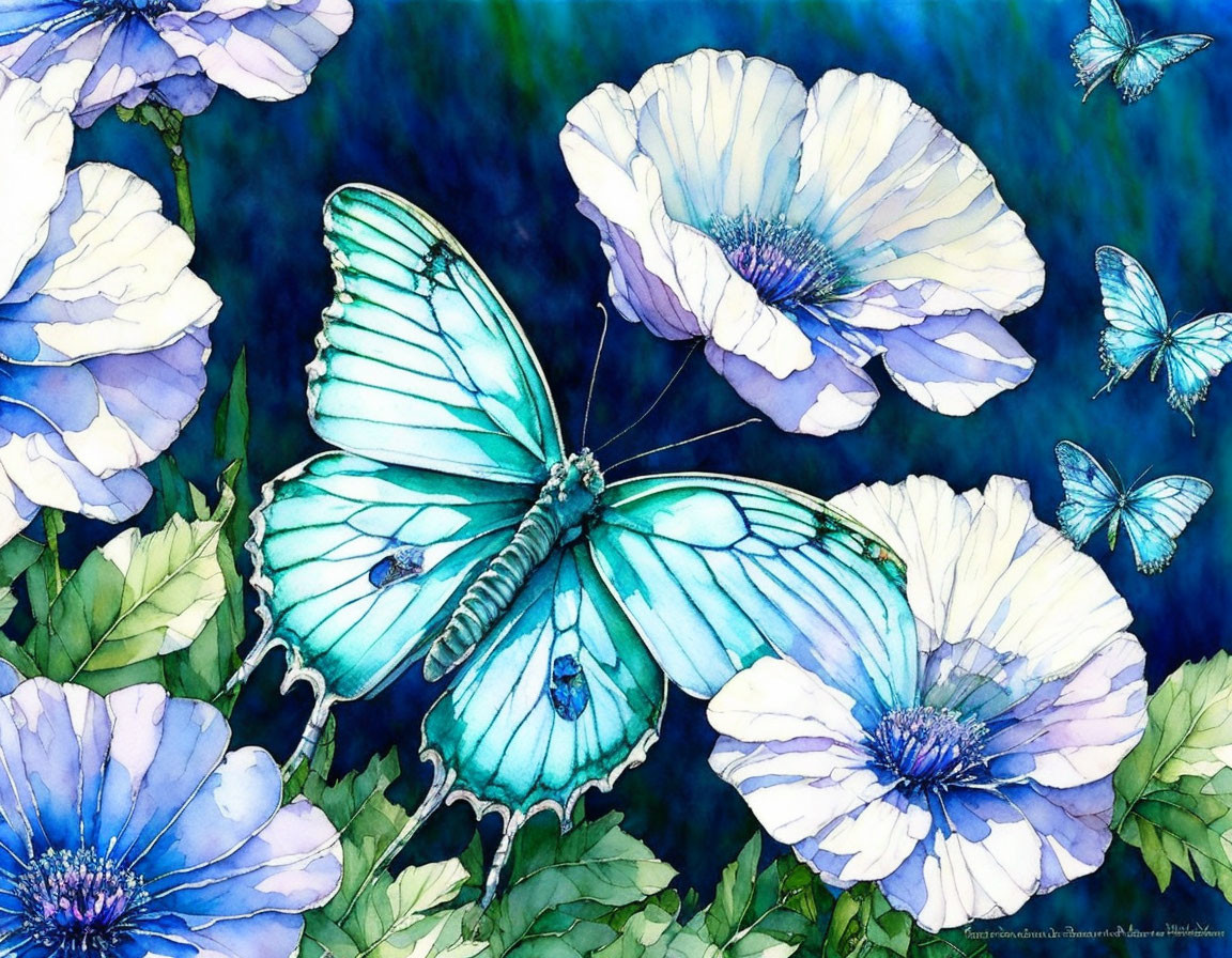 Beautiful watercolor painting of light blue butterflies and flowers on dark blue.