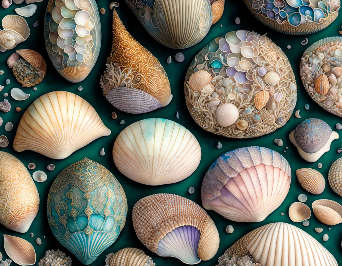 Intricately patterned seashells in natural hues on dark green background