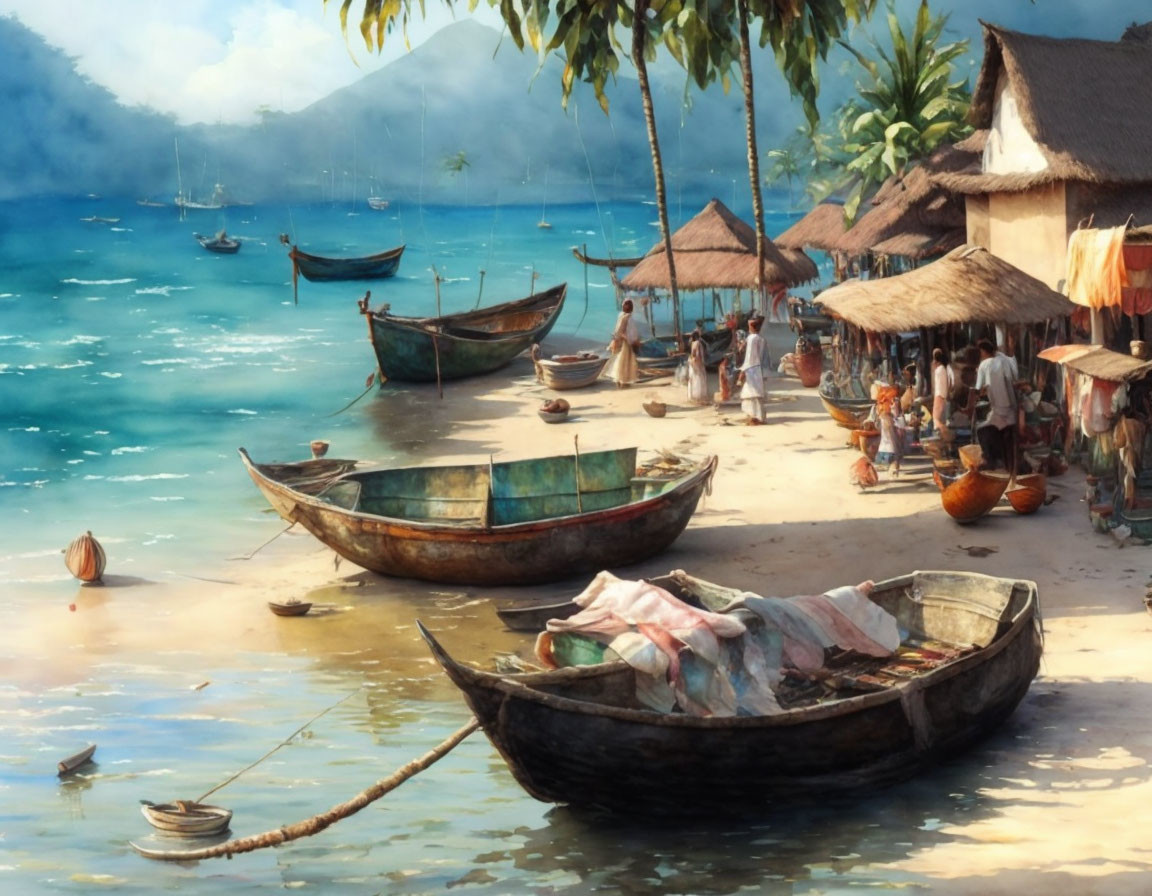 Scenic beach with wooden boats, bustling market, and mountain backdrop.