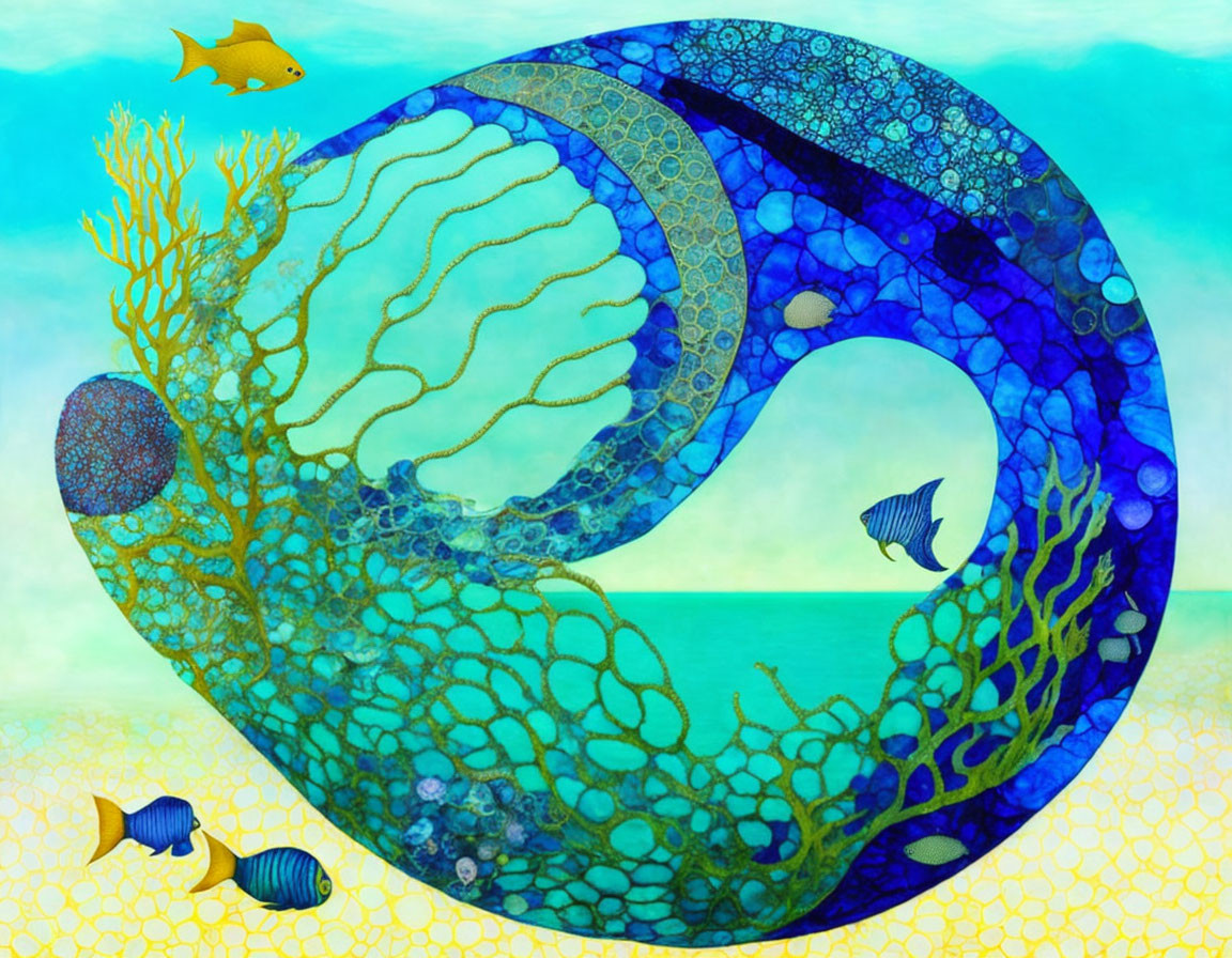 Colorful Underwater Scene with Mosaic Whale Tail and Coral Fish